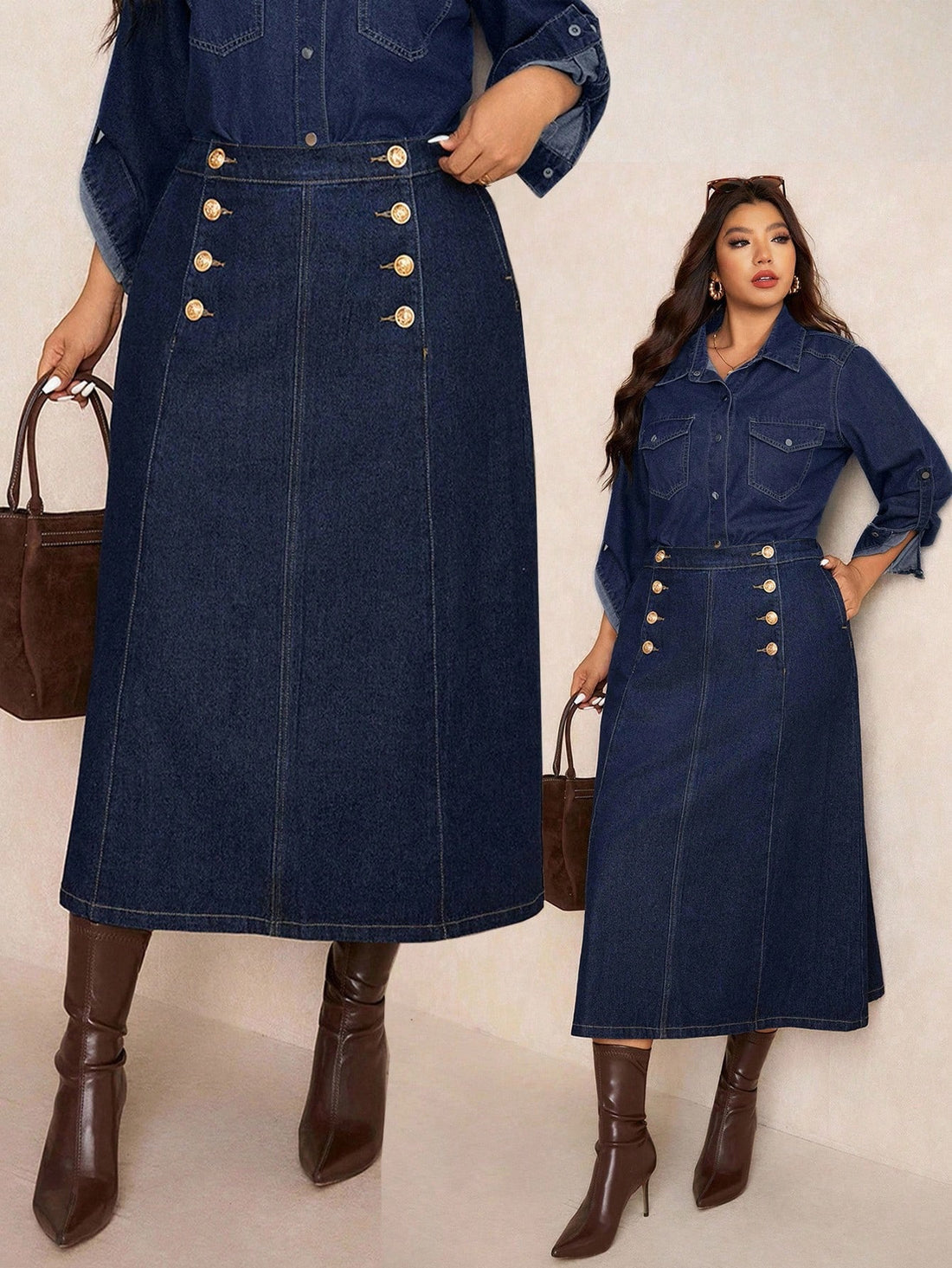 Step out in style with this playful dark blue denim mini skirt that hugs your curves just right. The high waist flatters your silhouette while the shiny gold buttons add a fun pop of detail. Perfect for layering this autumn, it pairs effortlessly with your favorite tops for a look that's both chic and slimming.