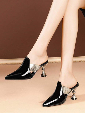 Step into sophistication with these elegant high heel slingback sandals, designed for the modern woman. Featuring a chic bowknot buckle strap and hollow toe detailing, these slip-on shoes combine style with comfort. The pyramid heel provides a flattering lift, while rhinestone accents add a touch of glamour. Crafted from premium PU leather, they're versatile enough for office settings or special occasions. True to size and available in classic black, these mid-heel sandals are your go-to choice for polished