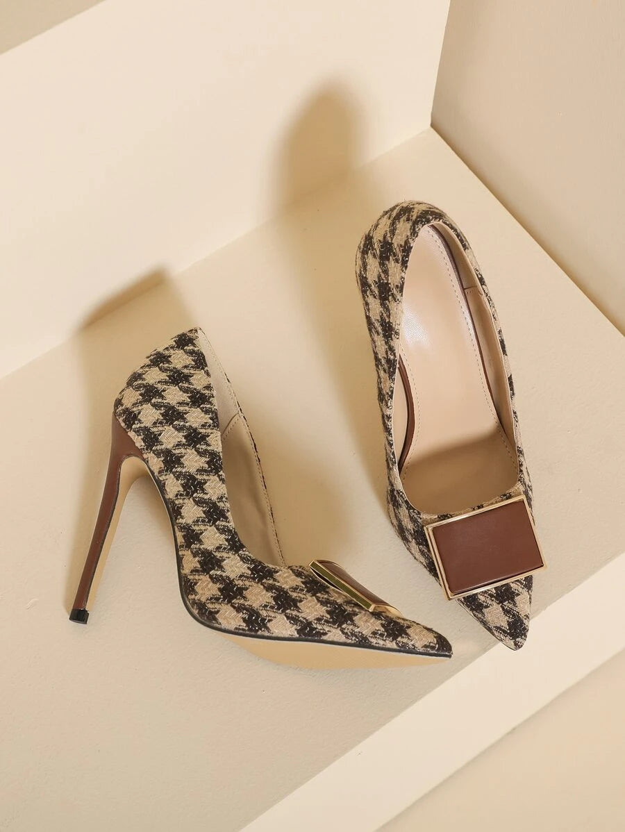 Step into sophistication with these stunning houndstooth high heels, the perfect blend of timeless pattern and modern elegance. Crafted from quality linen, these shoes deliver comfort without compromising on style, making them your go-to choice for fall and winter wardrobes. Whether you're dressing up for a night out or elevating your everyday look, these versatile heels add that chic finishing touch. Embrace the playful charm of classic houndstooth while enjoying the breathable, lightweight feel of linen c