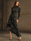 Step into the spotlight with this Elegant High Neck Lace Dress, featuring a playful asymmetric ruffle hem that adds a flirty twist to classic sophistication. The long sleeves and delicate lace create a chic silhouette perfect for making a fashion statement at any event. Embrace your inner charm and let this dress do the talking!