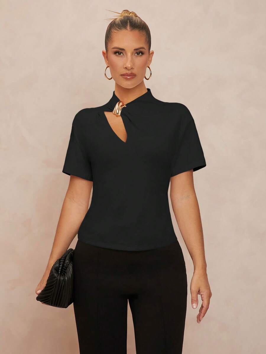 This playful summer tee brings a fresh twist to your wardrobe with its elegant hollow-out design and charming twist detail. The short sleeves and solid color keep it simple yet stylish, perfect for sunny days or casual evenings. Lightweight and breathable, it’s a fun way to stay cool while turning heads wherever you go.