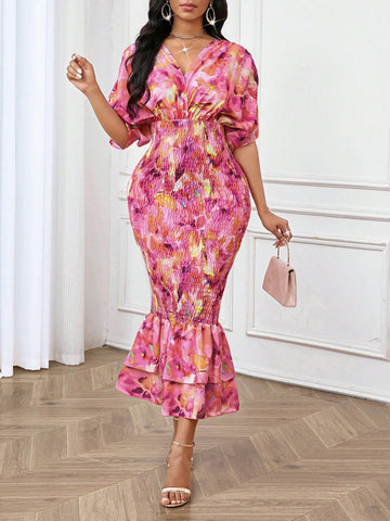 This dress is perfect for parties and special occasions. The elegant hot pink color and deep V-neck add a touch of sophistication, while the batwing sleeves provide a unique and stylish flair. The unitard design is both comfortable and flattering, making this dress a must-have for any wardrobe.