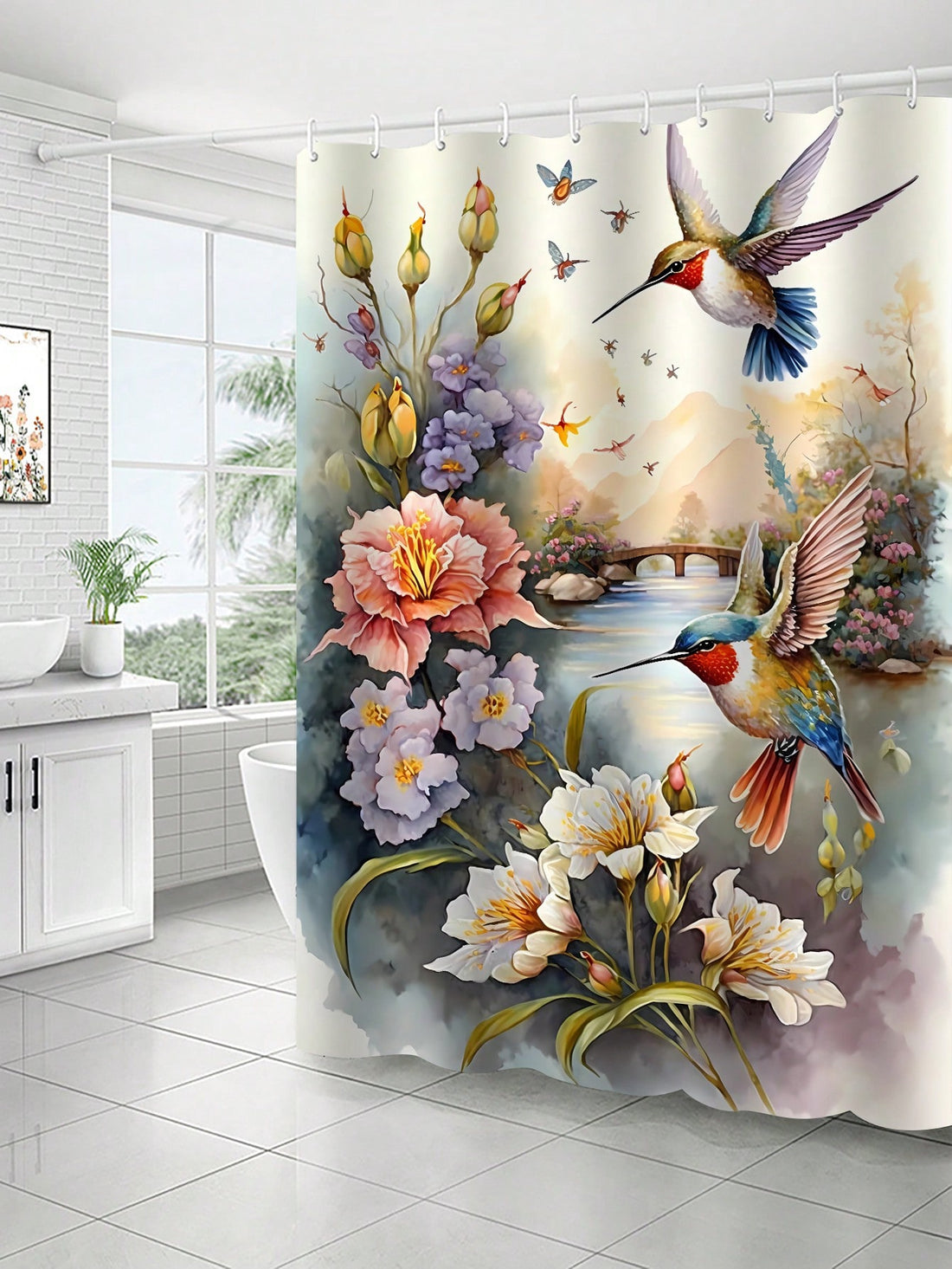 Make a splash with our Elegant Hummingbird Shower Curtain. This modern, waterproof bathroom decor not only adds style to your space, but also offers mildew resistance for easy maintenance. Bring some joy and whimsy to your daily routine with this playful addition.