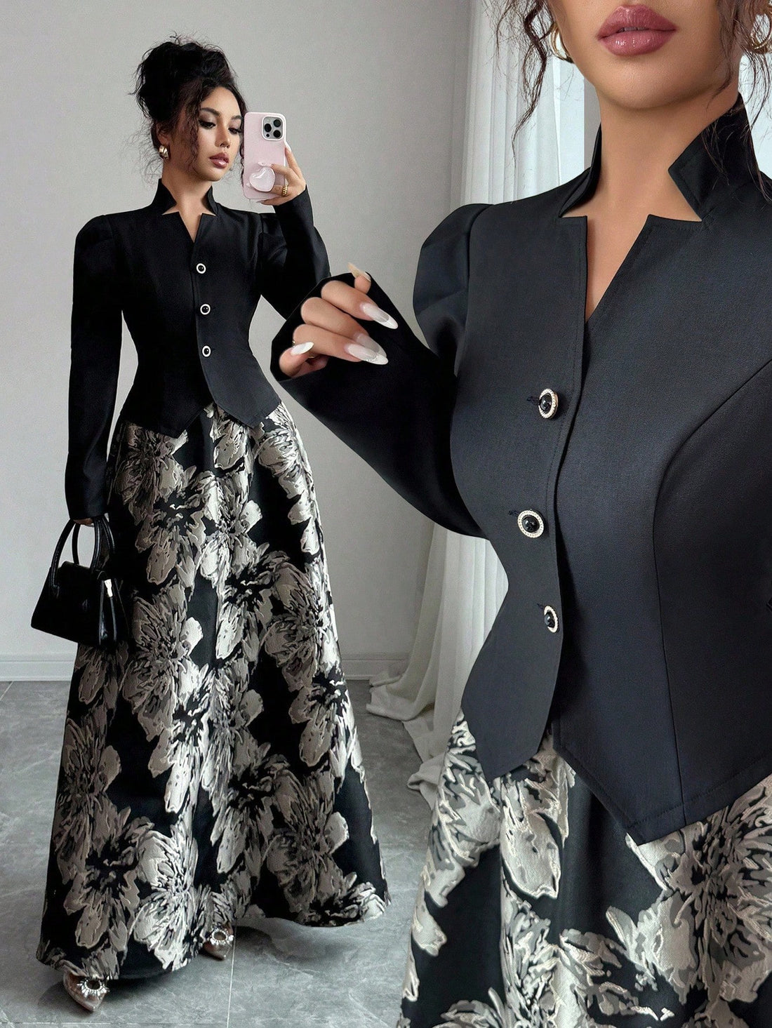 Elevate your autumn wardrobe with this chic two-piece set that effortlessly transitions from office to weekend brunch. The jacquard fabric adds sophisticated texture and visual interest, while the coordinated skirt and blouse create a polished, put-together look without the fuss. Perfect for layering or wearing as a complete outfit, this versatile set brings timeless elegance to your seasonal style rotation. Comfortable, flattering, and endlessly stylish—because looking fabulous should be this easy!