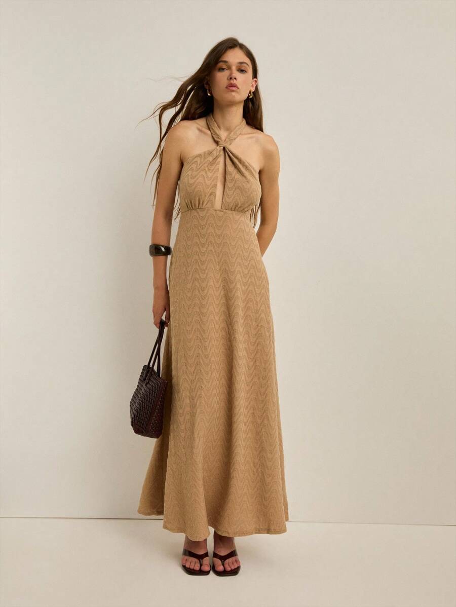 Elegant Jacquard Halter Dress with Wavy Pattern - Perfect for Summer Vacations and Events