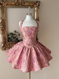 Elegant Jacquard Halter Neck Backless A-Line Dress for Special Occasions 