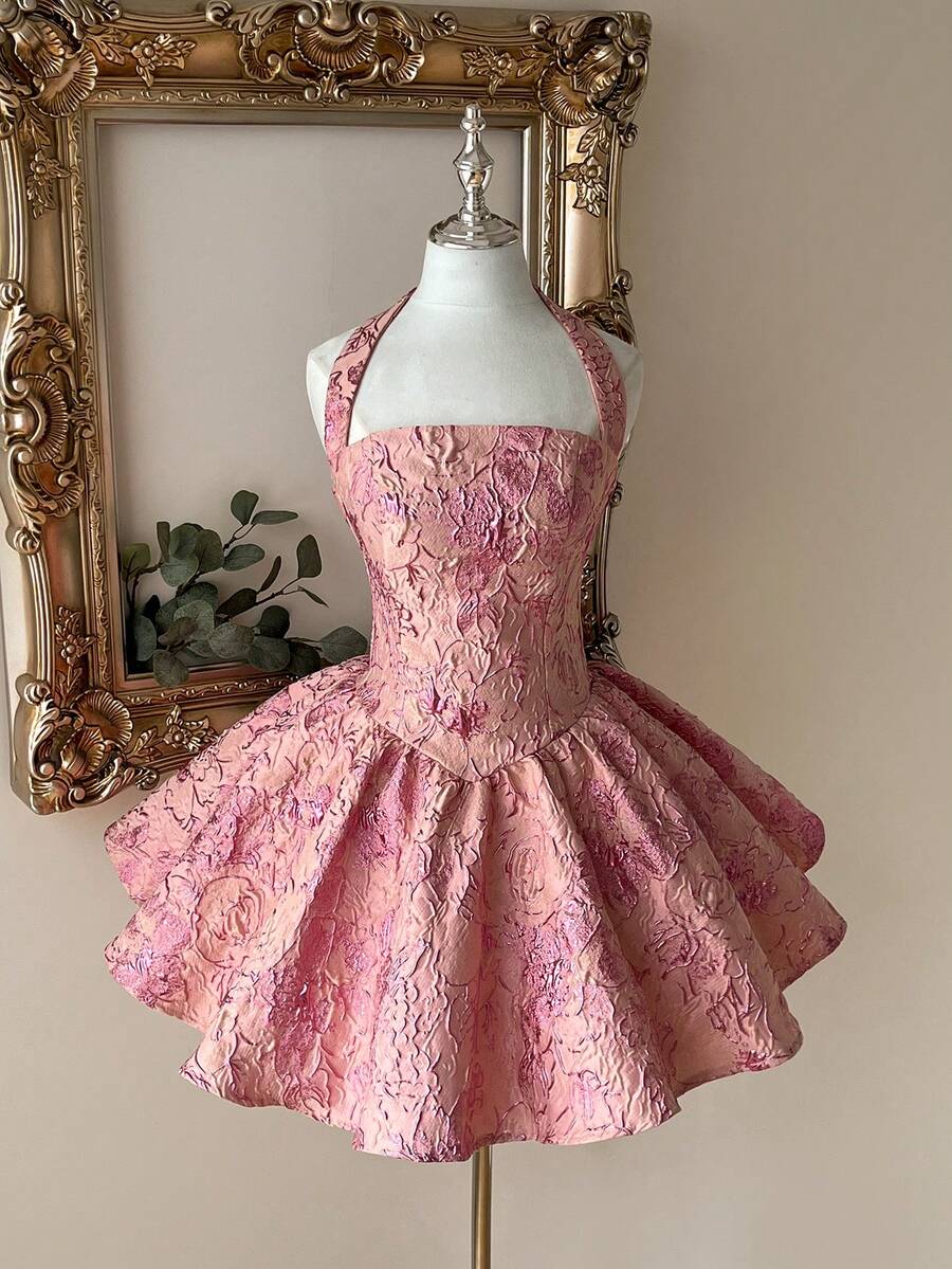 Elegant Jacquard Halter Neck Backless A-Line Dress for Special Occasions 
