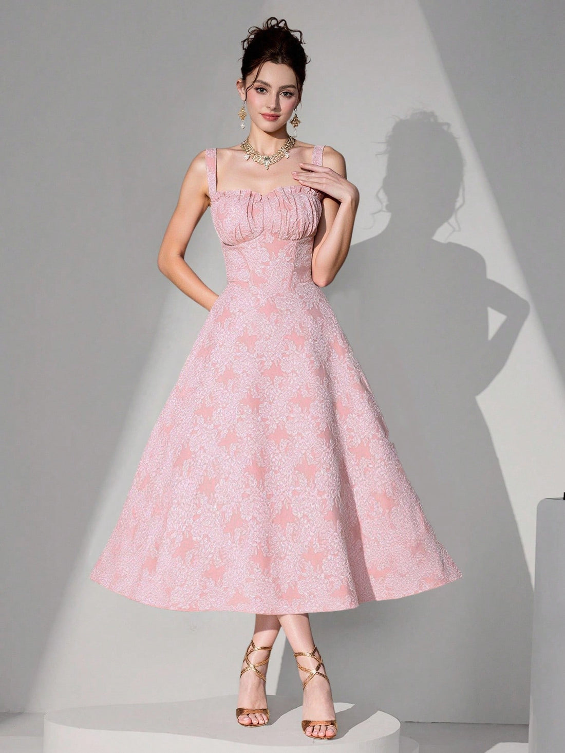 Slip into sophistication with this stunning jacquard slip dress, where intricate embellishments dance across luxurious fabric. Perfect for galas, weddings, and those moments when you want to turn heads, this elegant piece combines timeless charm with modern glamour. The rich jacquard weave paired with eye-catching details creates an unforgettable silhouette that whispers luxury with every step. Designed for the woman who knows that true elegance never goes out of style.