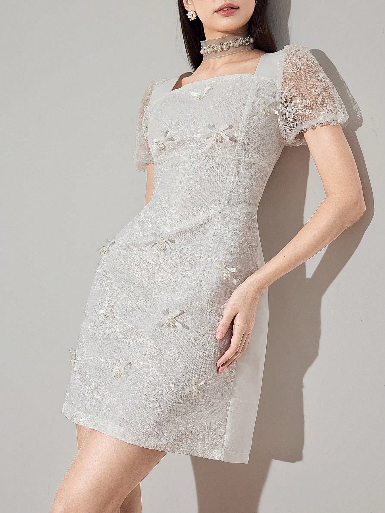Elegant Lace Bow Pearl-Embellished Mini Dress for Women