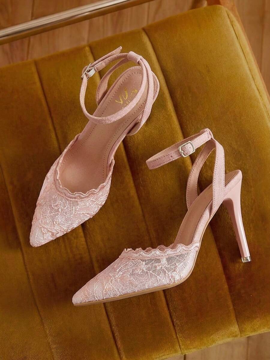 4 media show blush pink satin lace embroidered pointed toe stiletto slingback pumps with ankle buckle strap, scalloped ruffle trim, floral lace vamp, high slim heel. image 1