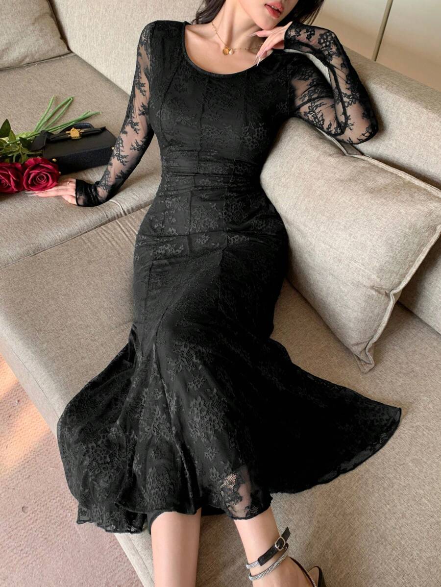 Turn heads this fall with our Elegant Lace Fit and Flare Dress! Featuring a flirty round neck and delicate lace details, this dress hugs your curves and flares out just right for a playful, feminine look. Perfect for date nights or festive gatherings, it combines comfort with sexy sophistication effortlessly. Make every moment stylish and fun!