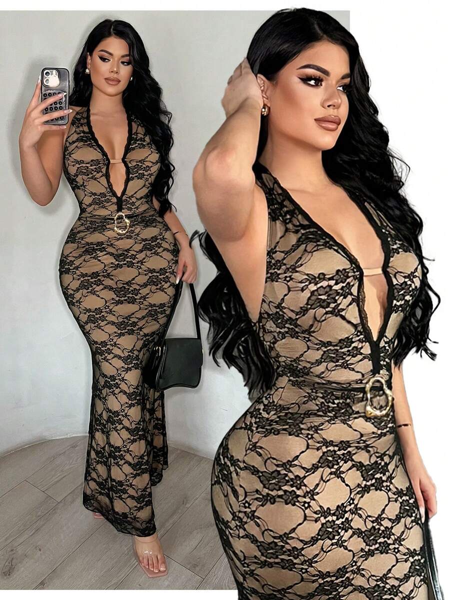 Make a statement in this sophisticated lace halter midi dress designed for unforgettable nights out. Featuring a sleek backless silhouette with strategic cutout details, this fitted bodycon style hugs your curves beautifully. The delicate lace overlay and sheer accents create an alluring, elegant look perfect for concerts, stage performances, or special celebrations. Crafted from a premium knit blend of 87% polyamide and 13% elastane with medium stretch for comfort and movement. The lined construction ensur