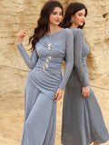 Elevate your autumn wardrobe with this stunning bodycon dress, designed for sophisticated elegance. Crafted from a premium knitted fabric blend of 95% polyester and 5% elastane, this dress offers exceptional stretch and comfort for all-day wear. The dress features a flattering high-waist silhouette with a mermaid hem that creates a graceful, elongated line. Delicate lace patchwork detailing adds visual interest, while the gold metal buckle accent provides a polished finishing touch. 