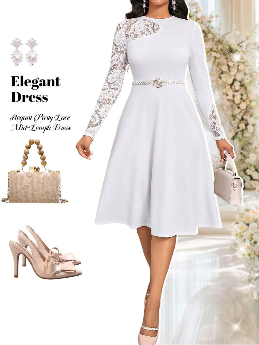 Elevate your event wardrobe with this stunning lace patchwork dress that effortlessly transitions from cocktail parties to business casual gatherings. The intricate lace detailing adds a touch of sophistication, while the mid-length silhouette offers the perfect balance of elegance and comfort. Whether you're mingling at a soirée or impressing colleagues at a networking event, this versatile piece brings a playful sophistication that turns heads. The thoughtful patchwork design creates visual interest and d