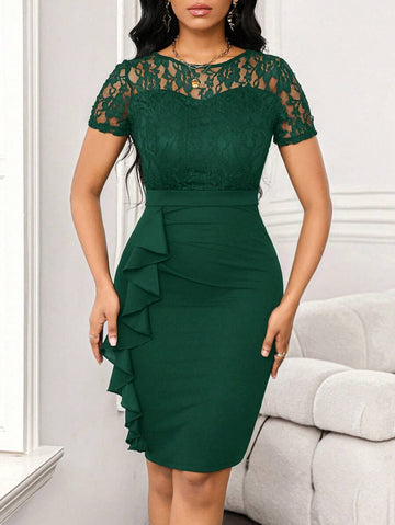 Elevate your formal wardrobe with this stunning dark green wedding guest dress. Featuring elegant lace splicing and delicate ruffled details, this chic piece combines sophistication with modern style. The high-waisted, slim-fit silhouette flatters your figure, while the knee-length pencil hem creates a polished look perfect for weddings, evening events, and celebrations. Crafted from a comfortable knitted fabric blend of 95% polyester and 5% elastane, this dress offers slight stretch for ease of movement. 