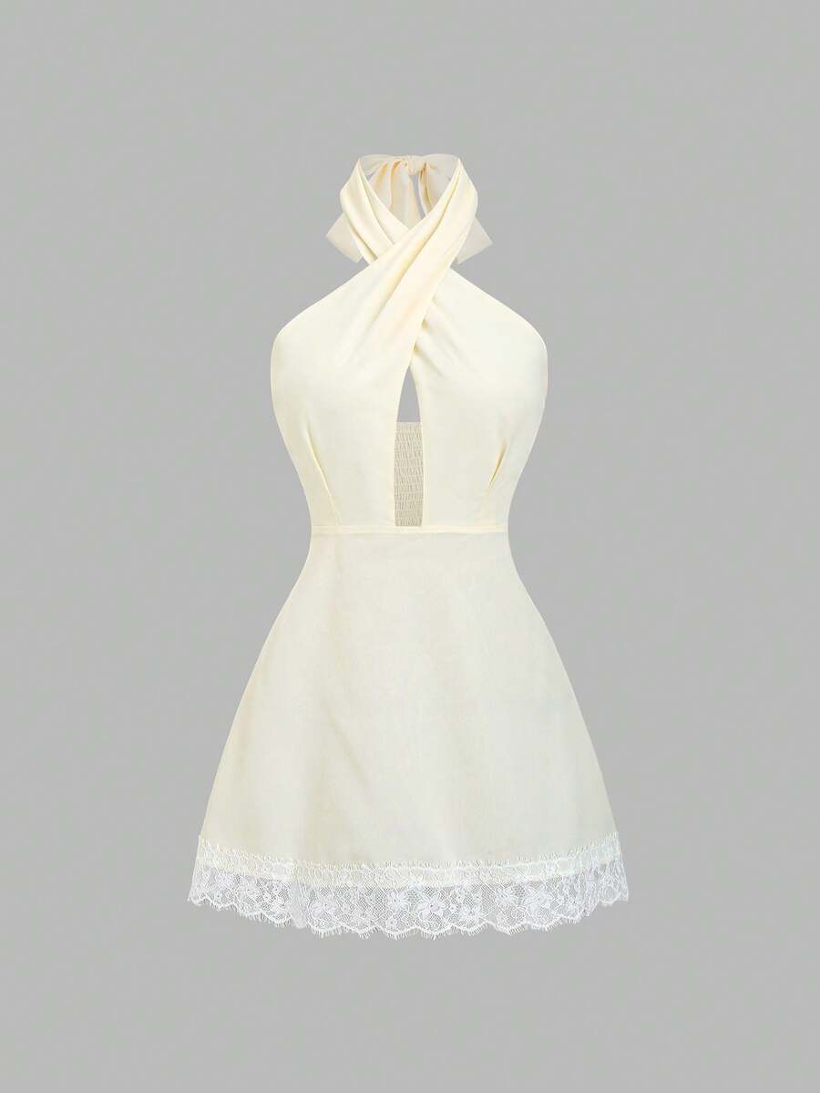Apricot lace mini dress view 1