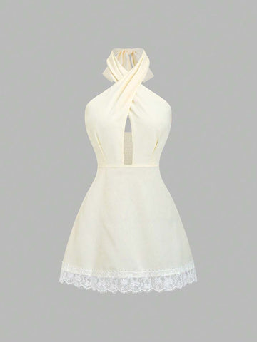 Apricot lace mini dress view 1