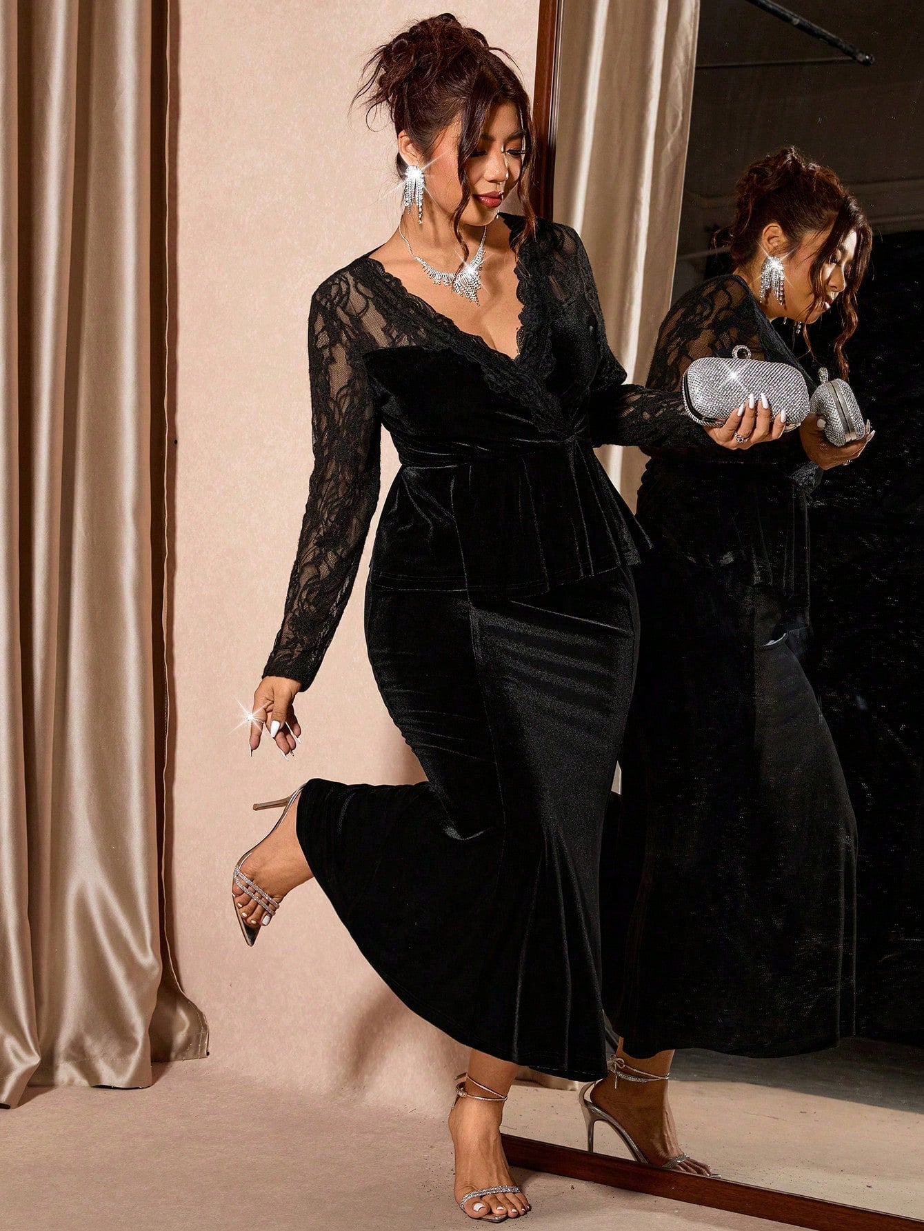 Dive into elegance with this show-stopping mermaid skirt set! Featuring a luxurious velvet mermaid skirt that hugs your curves in all the right ways, paired with a chic long-sleeve V-neck top for the perfect balance of sophistication and sass. The delicate lace accents add a touch of romance and refinement to your wardrobe. Whether you're heading to a special event or want to feel fabulous on a night out, this dynamic duo transforms your look from ordinary to absolutely unforgettable. Slip into confidence a