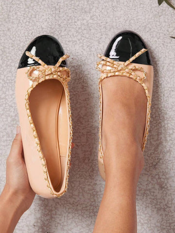 Elevate your everyday style with these sophisticated ballet flats featuring an eye-catching chain decoration. Crafted from premium PU leather with a durable TPR outsole, these versatile flats transition seamlessly from office to weekend getaways. The colorblock design and flat heel provide all-day comfort without compromising on elegance. Perfect for beach outings, casual parties, or bohemian-inspired looks, these beige flats are a wardrobe essential for the modern woman seeking both fashion and function.
