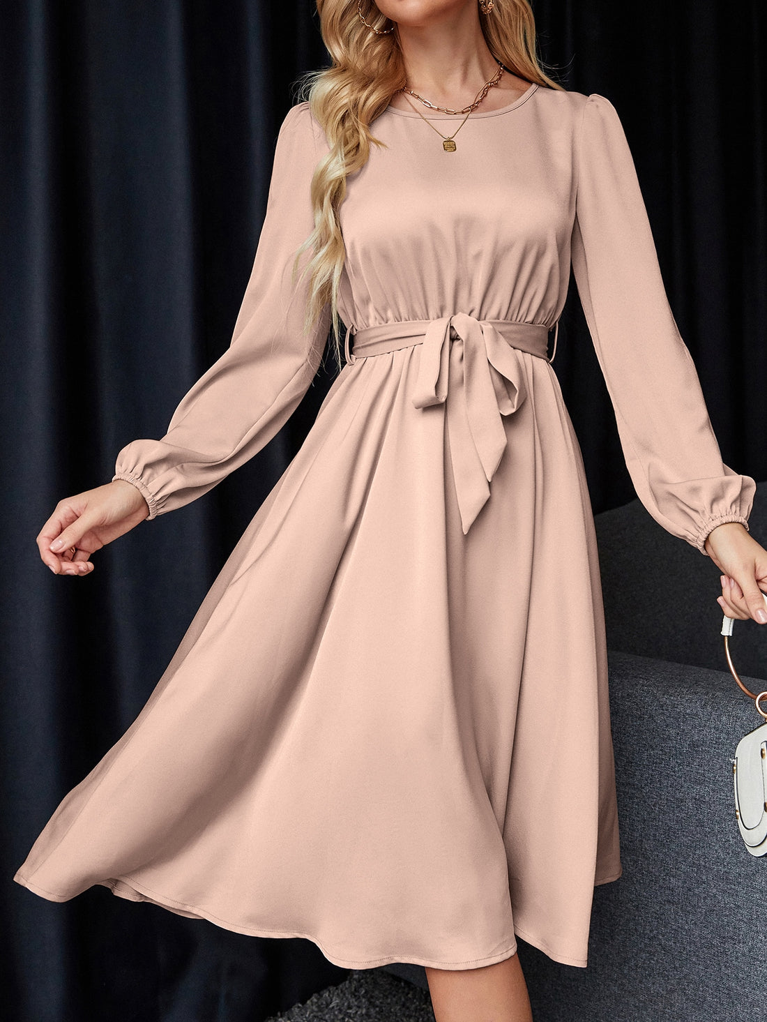 Swish into the room with this head-turning satin maxi dress! The playful lantern sleeves add a touch of drama, while the keyhole back gives a cheeky peek of skin. Cinch that waist with the included belt and watch jaws drop. Perfect for making an entrance or twirling on the dance floor – this dress is ready for fun whenever you are!