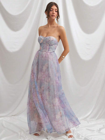lavender floral bridesmaid dresses Zapakasa Women Corset Long Dress with Slit Ruffled Chiffon A Line Lace Up Back Wedding Guest Dress with Sleeves Elegant Lavender Floral Strapless Maxi