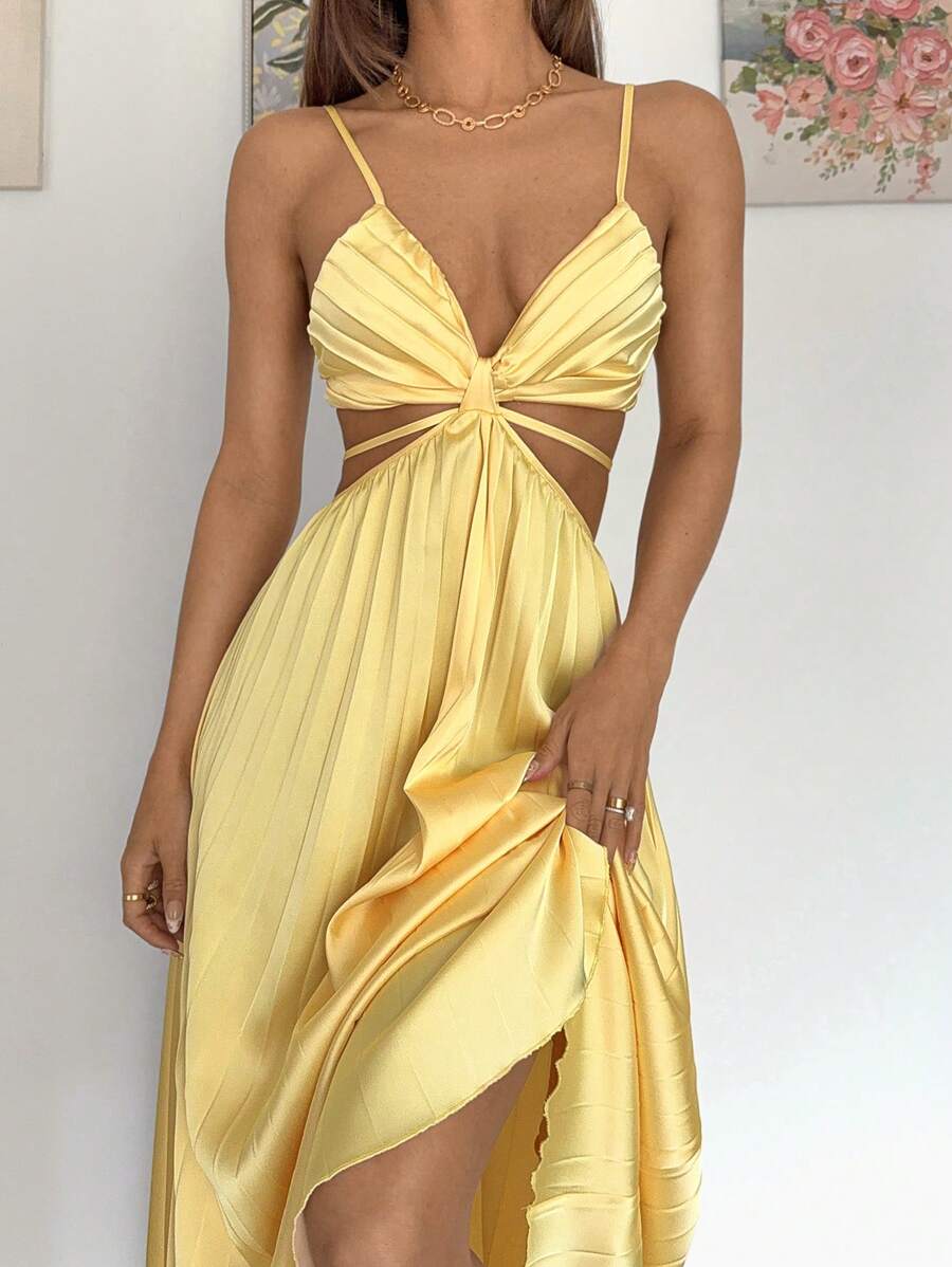 Radiate elegance in this stunning lemon yellow midi dress, designed to turn heads at any celebration. Featuring a flattering high-waisted silhouette with a daring waist cutout and delicate ruffle straps, this A-line beauty combines sophistication with modern flair. The halter neckline and backless design create an effortlessly chic look, while the flared hem adds graceful movement. Crafted from premium woven polyester, this sleeveless wonder transitions seamlessly from summer parties to formal evening event