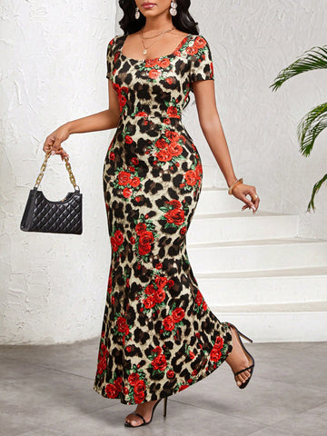 Unleash your wild side with our Elegant Leopard Floral Print Dress! The cinched waist and fishtail hem create a flattering silhouette, perfect for summer days. Embrace the playful print and make a statement with this stylish piece.