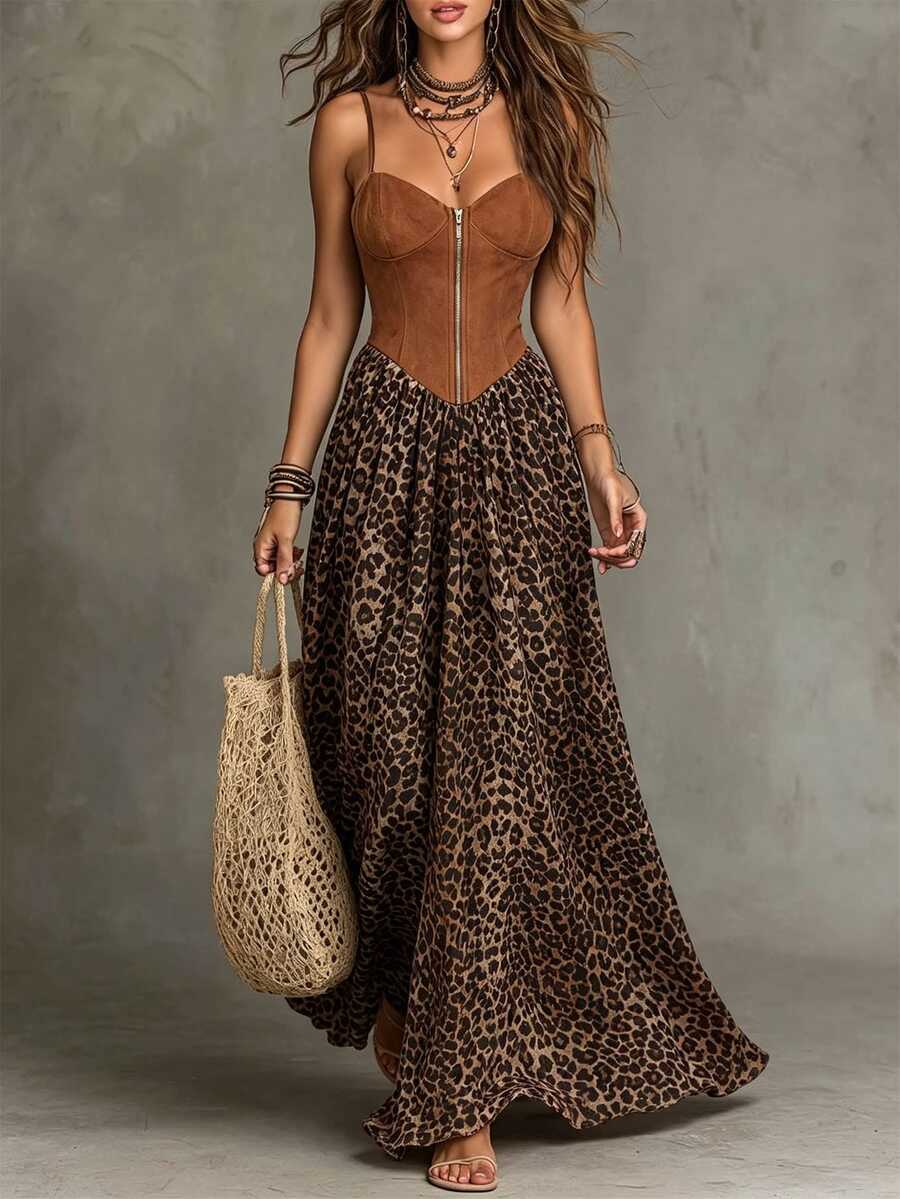 Front view of leopard-print maxi dress with brown zip-front bodice and flowing skirt