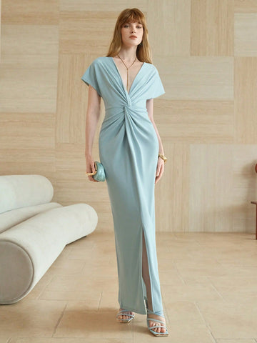 Step into the spotlight with this playful light blue long dress, featuring an asymmetric ruched design that flatters every curve. The front slit adds a flirty touch, perfect for dancing the night away on a cruise or turning heads at dinner. Effortlessly elegant and fun, this dress is your go-to for making memorable moments in style.