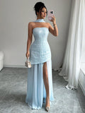Step into summer with this playful light blue bandeau dress that effortlessly blends elegance and fun. The delicate waist slit adds a flirty touch, perfect for dancing the night away at any formal event. Its sleek silhouette highlights your curves while keeping you cool and comfortable. Make every moment memorable in this chic, sun-kissed look!