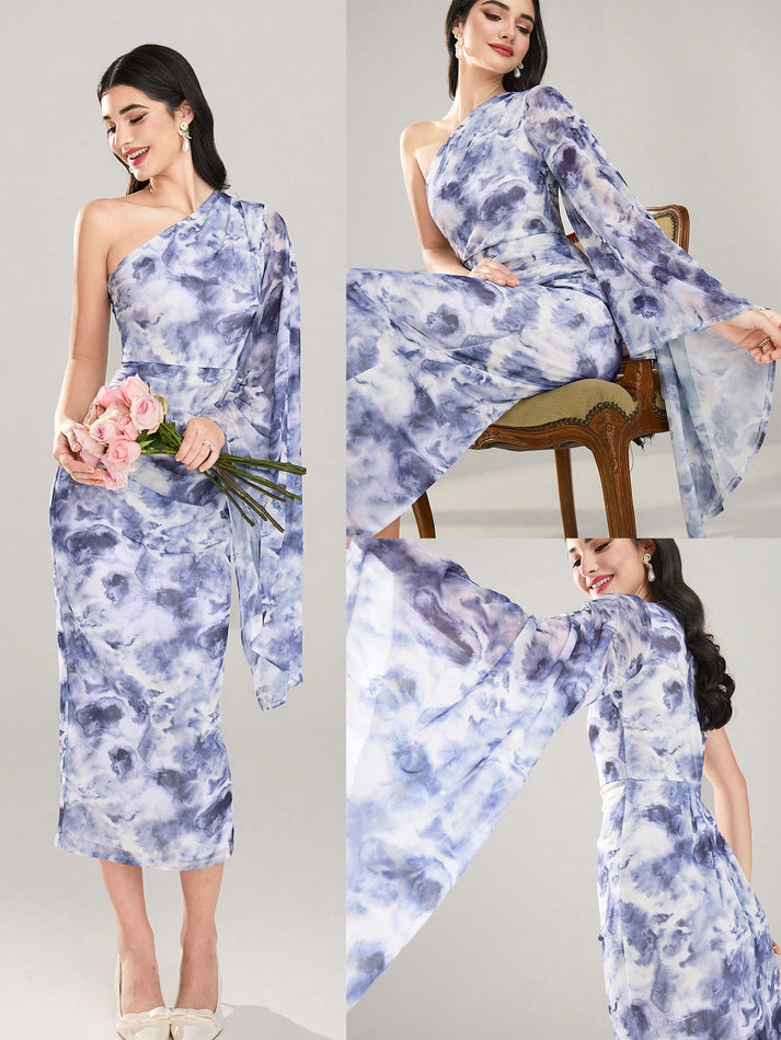 Elegant Light Blue Floral Asymmetrical Dress for Women Perfect Wedding Guest Summer Concert Outfit