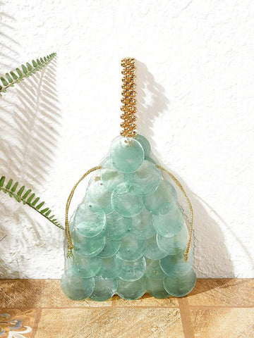Aqua shell disc mini drawstring bag with gold bead handle and satin pouch lining