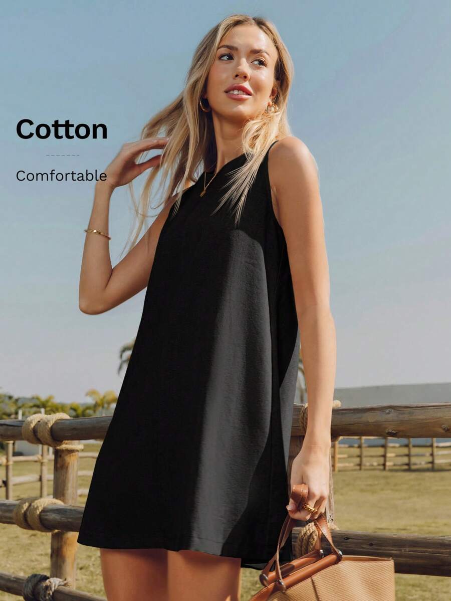 Step into summer with this playful and breezy linen A-line dress designed just for you. Its sleeveless cut keeps you cool, while handy pockets add a fun and practical touch. Perfect for casual days or sunny outings, this dress combines comfort and style effortlessly. Embrace easy elegance with every wear!