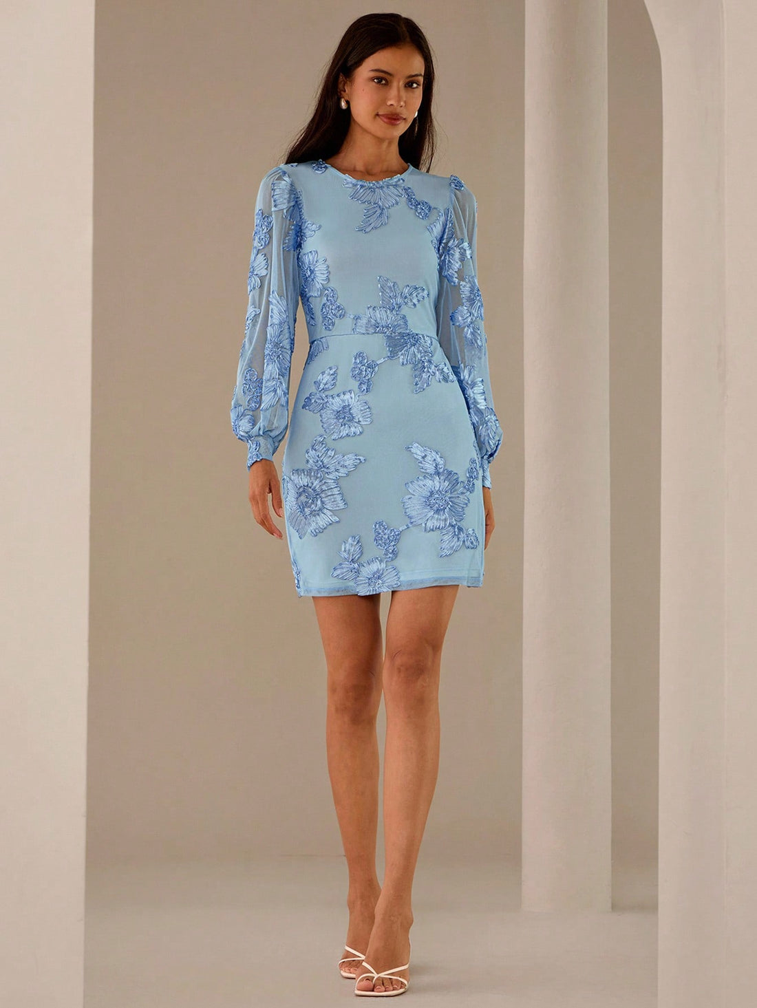 Step into a garden of style with this Elegant Long Sleeve Floral Jacquard Mesh Dress. The delicate blue puff sleeves add a whimsical touch, while the round neck keeps things sweet and simple. Crafted from textured jacquard mesh, it’s the perfect pick for twirling through your day or dazzling at a special event. Let your playful side bloom in this effortlessly chic dress!