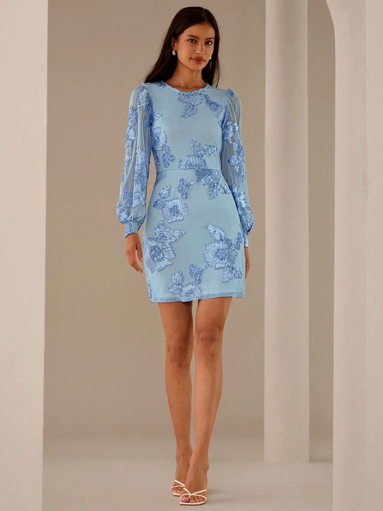 Step into a garden of style with this Elegant Long Sleeve Floral Jacquard Mesh Dress. The delicate blue puff sleeves add a whimsical touch, while the round neck keeps things sweet and simple. Crafted from textured jacquard mesh, it’s the perfect pick for twirling through your day or dazzling at a special event. Let your playful side bloom in this effortlessly chic dress!
