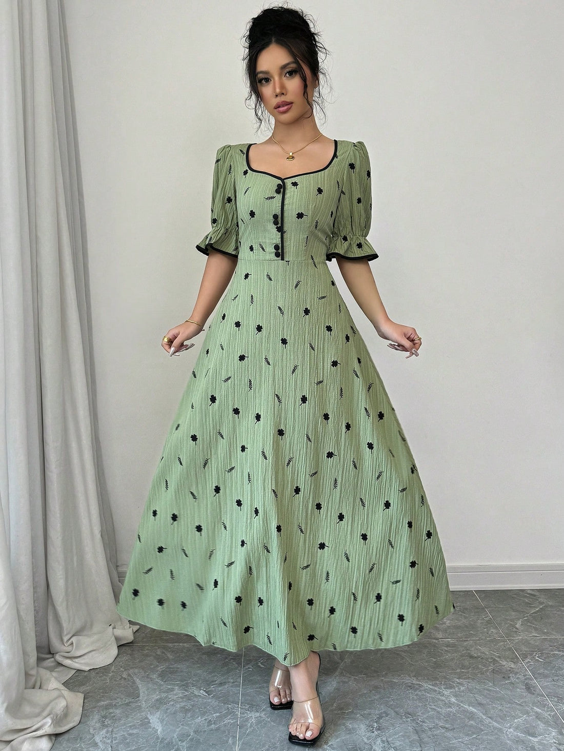 Upgrade your wardrobe with this Elegant Long Sleeve Floral Print Dress! The button trim and long sleeves add a touch of sophistication, while the floral print adds a fun and feminine flair. Perfect for any occasion, this dress will make you look and feel elegant.