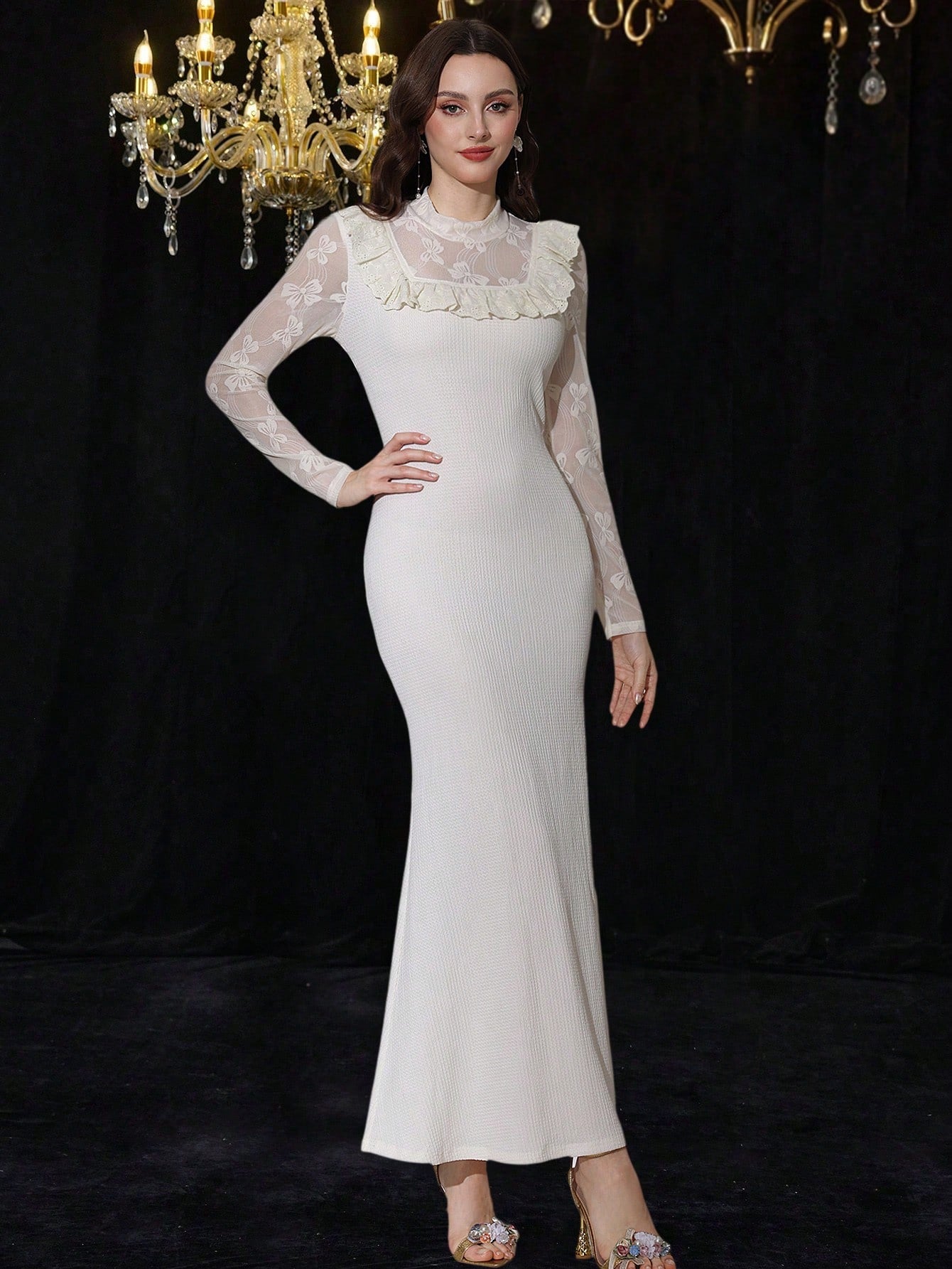 This dress is perfect for weddings and special occasions! Featuring an elegant long sleeve design with delicate lace patchwork and a playful ruffle hem, you'll look stunning and stylish. Make heads turn and be the center of attention with this unique and beautiful dress.