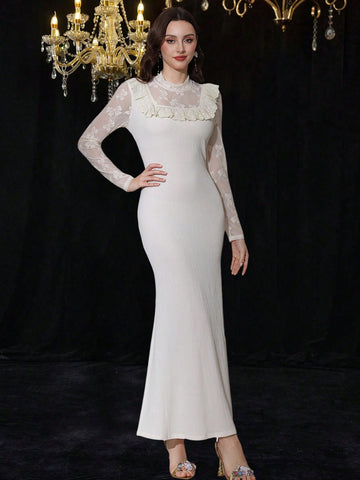 This dress is perfect for weddings and special occasions! Featuring an elegant long sleeve design with delicate lace patchwork and a playful ruffle hem, you'll look stunning and stylish. Make heads turn and be the center of attention with this unique and beautiful dress.