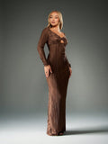 Step into the spotlight with this playful yet elegant long sleeve pleated maxi dress. The ruched bodice adds a flirty twist while flattering your figure, and the floor-length silhouette sweeps gracefully as you move. Perfect for special occasions, this gown offers a blend of sophistication and fun to keep you twirling all night long.