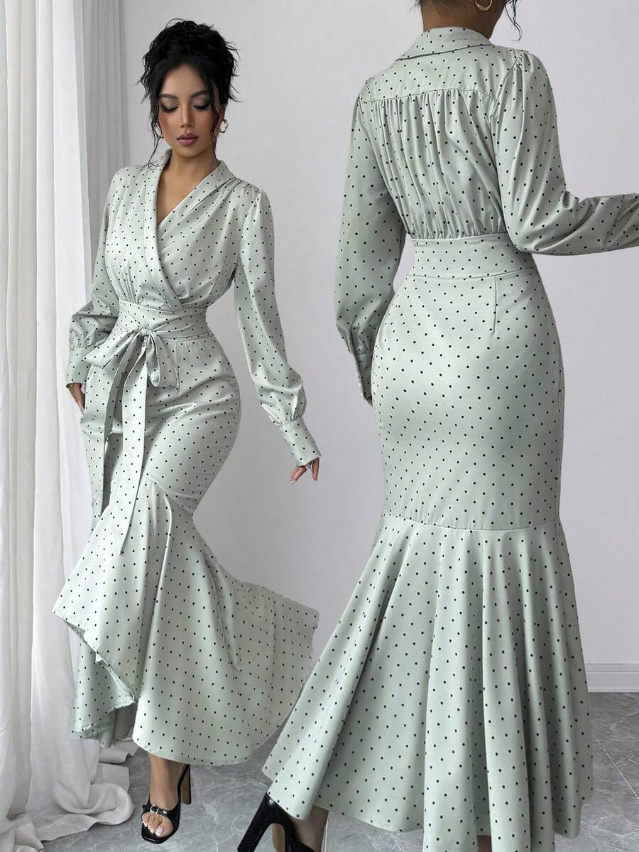Timeless elegance meets playful style with this long sleeve wrap tie dress from the Selianne Collection. The classic polka dot pattern adds a touch of vintage charm, while the wrap design flatters every figure with adjustable tie closure at the waist. Crafted for versatility, this dress transitions seamlessly from office to evening occasions. The flowing fabric drapes beautifully, offering comfort and movement throughout your day. 