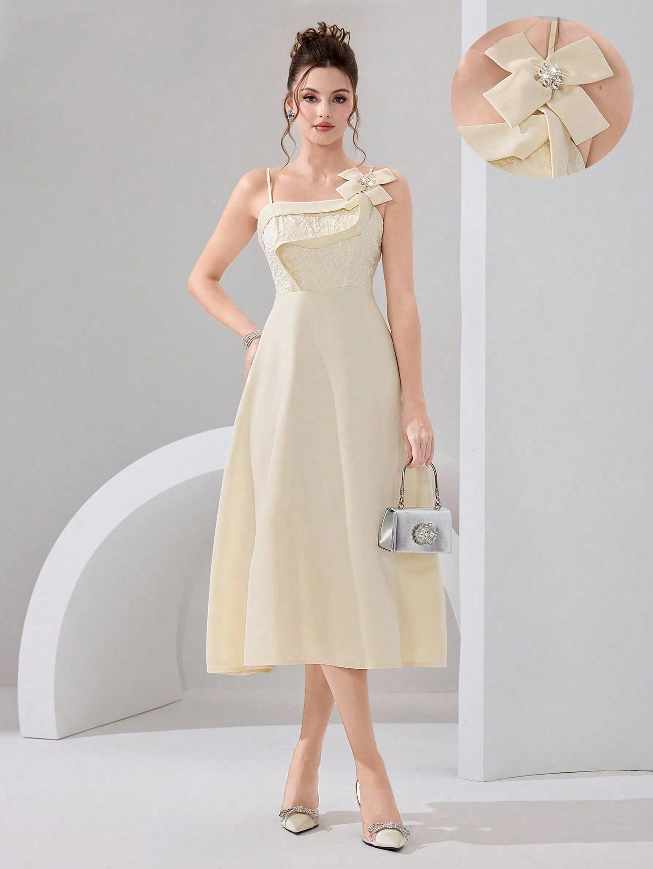 Make a statement at your next formal event in this stunning gala dress that's equal parts elegance and fun. The delicate spaghetti straps keep things light and airy, while the show-stopping 3D bow detail adds a playful twist to classic luxury. Crafted from lightweight fabric, you'll feel as fabulous as you look—no heavy gown weighing you down. Perfect for galas, weddings, and those moments when you want to turn heads and have a little fashion fun doing it.