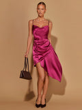 Slip into sophistication with this stunning magenta satin gown that effortlessly transitions from holiday gatherings to Valentine's celebrations. The minimalist silhouette flatters every figure while the luxurious satin fabric drapes beautifully, creating an elegant yet approachable look. Perfect for those who want to turn heads without trying too hard—this dress proves that sometimes less really is more. Whether you're dancing at a Christmas party or enjoying an intimate dinner date, you'll feel confident 