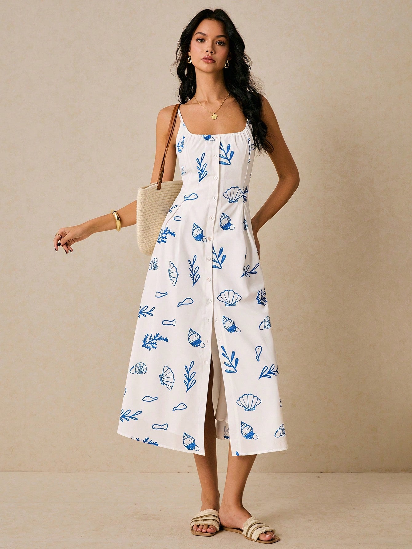 Get ready for some fun in the sun with this elegant marine print halter dress! Perfect for your summer vacation, this dress combines style and comfort for the ultimate outfit. The halter neckline adds a touch of sophistication while the playful print adds a fun twist. Enjoy your vacation in style!