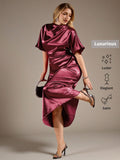Slip into sophistication with this stunning maroon satin midi dress that's ready to turn heads at any summer soirée. The luxe satin fabric drapes beautifully while the charming ruffled sleeves add a flirty, feminine touch. Designed with plus-size curves in mind, this cocktail gown offers the perfect balance of elegance and comfort. Whether you're attending a wedding, dinner party, or special event, this versatile piece transitions seamlessly from day to evening. The midi length keeps things classy while the