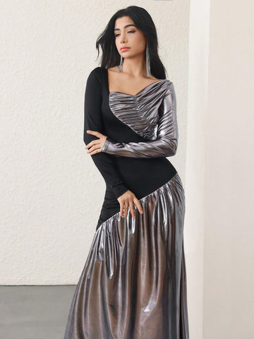 Get ready to turn heads with our Elegant Metallic Bodycon Knit Dress! Perfect for any fashion-forward woman, this dress boasts a stylish long splice design that adds a touch of uniqueness to your outfit. Made with a bodycon knit, this dress hugs your curves in all the right places, giving you a stunning silhouette. Elevate your style game with this statement-making dress!