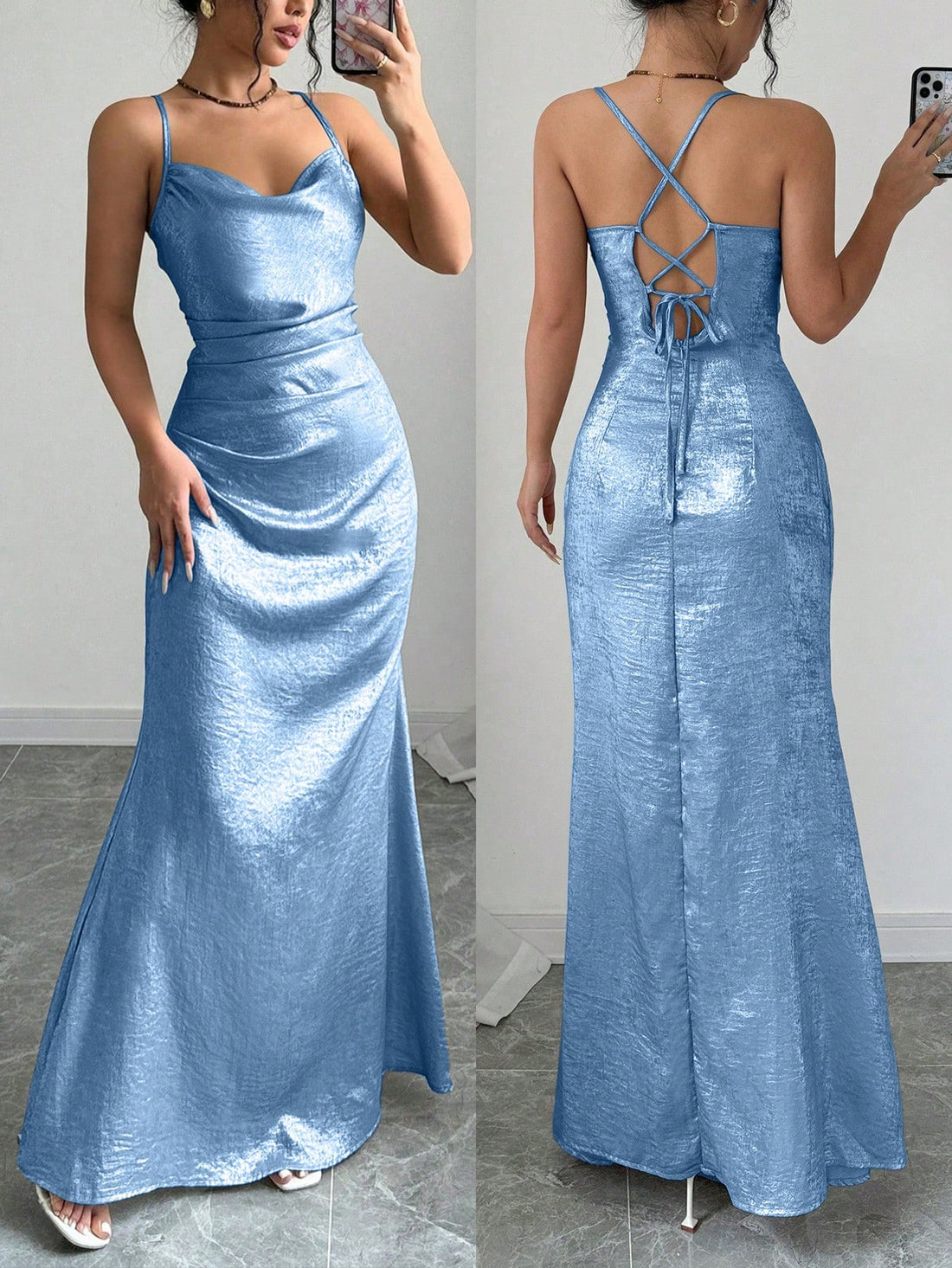 Inspire envy at any party with our Elegant Metallic Draped Neck Sling Dress! Its unique design guarantees to turn heads while its comfortable fit ensures all-day wear. Perfect for any occasion, this dress is a must-have for any fashion-forward woman. Be the center of attention and make a statement with this dress!