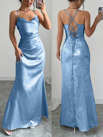 Inspire envy at any party with our Elegant Metallic Draped Neck Sling Dress! Its unique design guarantees to turn heads while its comfortable fit ensures all-day wear. Perfect for any occasion, this dress is a must-have for any fashion-forward woman. Be the center of attention and make a statement with this dress!