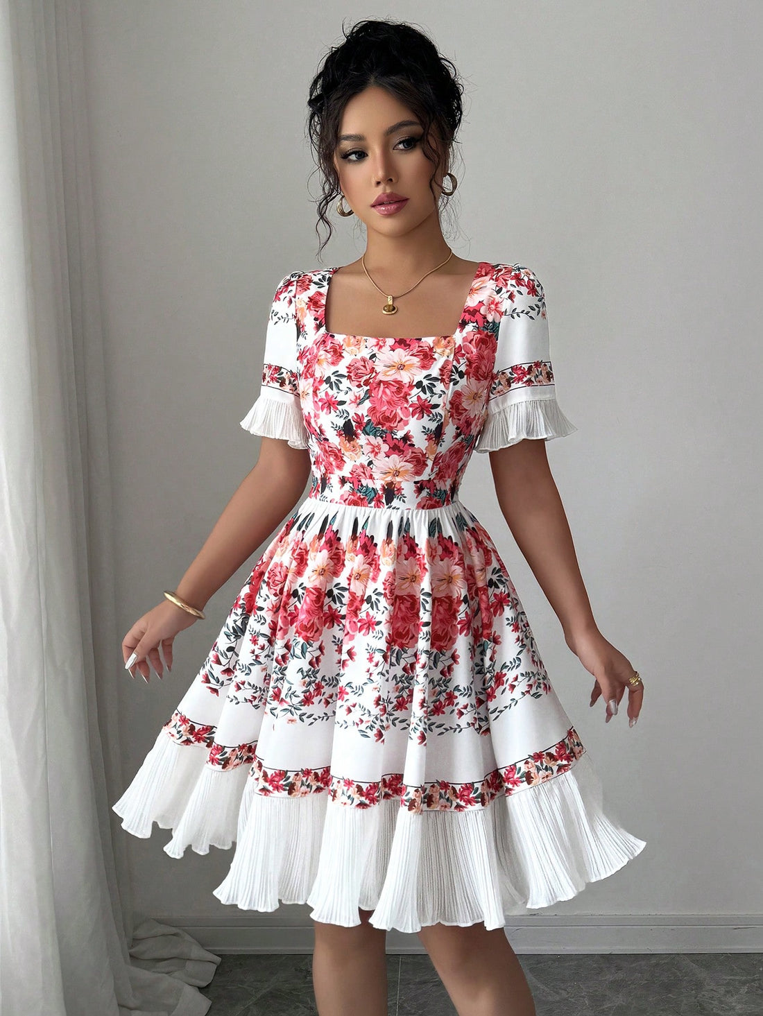 Step into sunshine with this Elegant Mid-Calf Floral Dress, designed to make every moment feel like a romantic getaway. The flattering V-neck and playful A-line silhouette bring out your inner charm, while the ruffled hem adds a flirty touch perfect for spring and summer days. Breezy and beautiful, it’s your go-to dress for twirling through warm-weather adventures with style and grace.