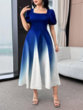 Step out in style with this elegant mid-calf dress featuring a stunning ombre effect that gracefully blends colors. Its playful puff sleeves add a flirty touch, while the square neckline frames your collarbones beautifully. Perfect for day-to-night occasions, this dress combines comfort and charm for a look that’s effortlessly chic and fun.