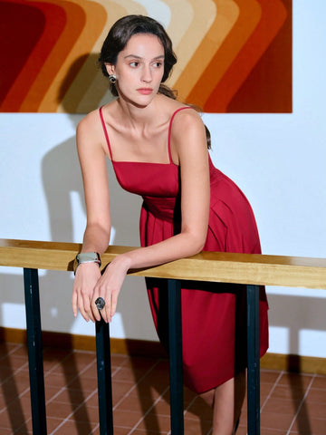 Unleash your inner fashionista with our Elegant Mid-Length Dress! The adjustable straps provide a perfect fit while the back ruching and waist pleating add a touch of elegance. Be confident and comfortable at any occasion.